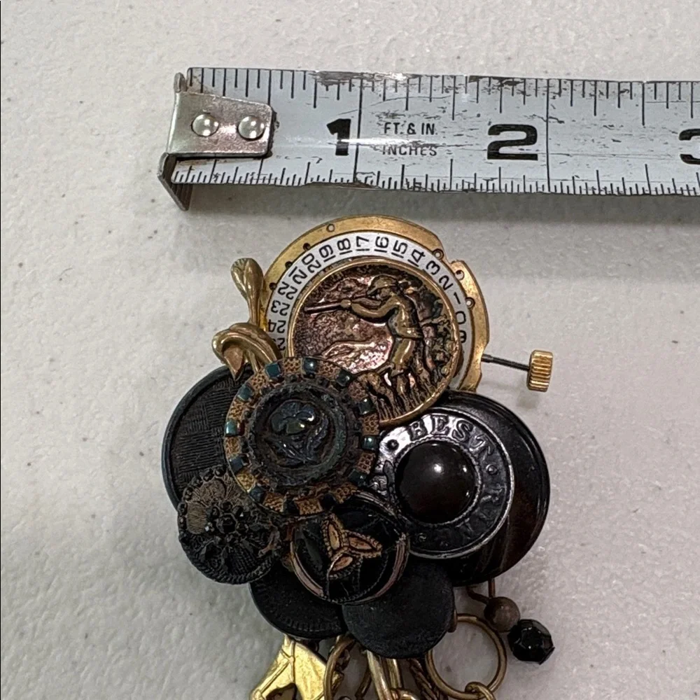 Vintage Glass & Metal Button Brooch with charms—BEAUTIFUL! Glass Beads—Artisan